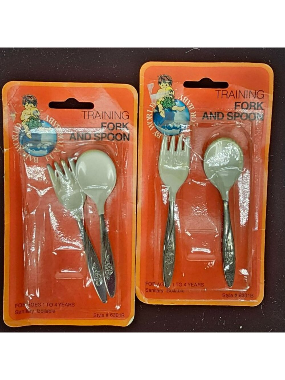 1980 Vtg Training Fork & Spoon Set For Ages 1-4 Years Baby World Style 6301B